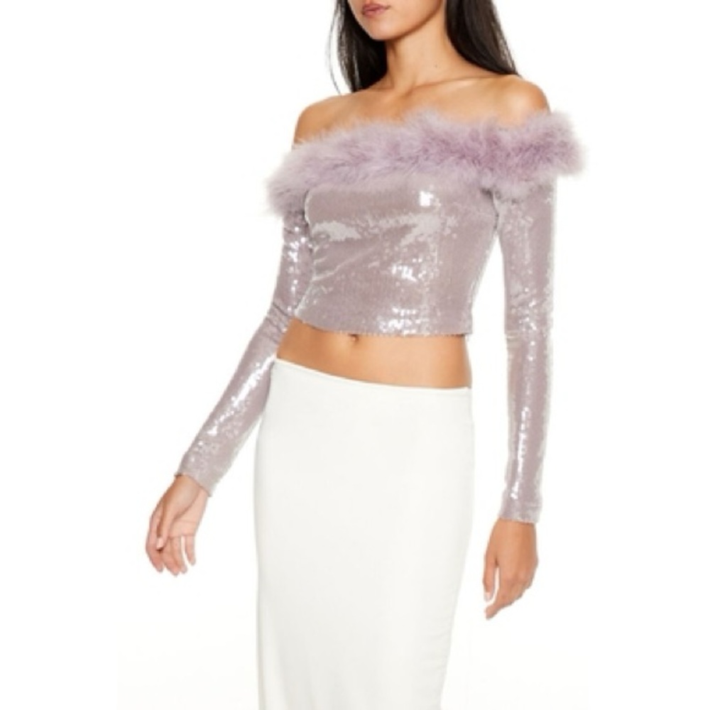 Fur-Trim Sequin Crop top